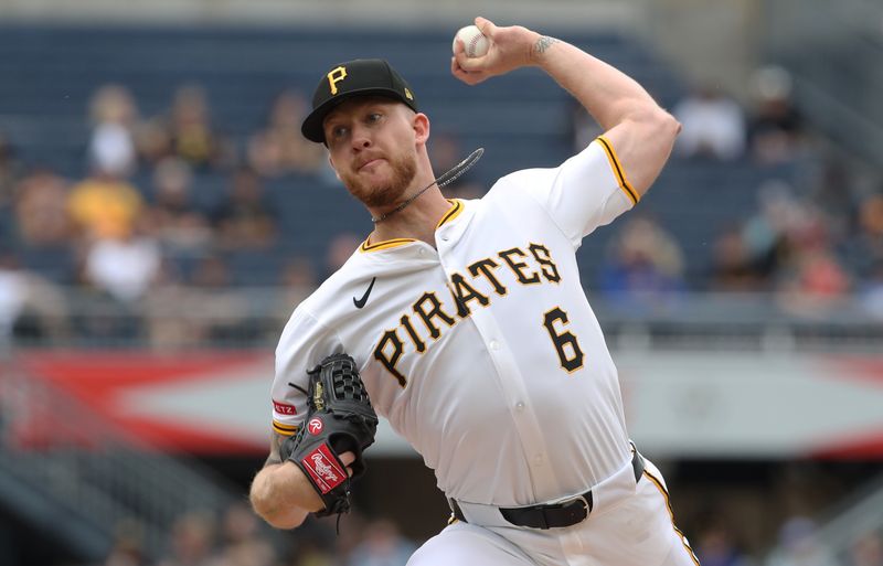 May 25, 2025; Pittsburgh, Pennsylvania, USA;  Pittsburgh Pirates starting pitcher Bailey Falter (6) delivers a pitch against the Milwaukee Brewers during the first inning at PNC Park. Mandatory Credit: Charles LeClaire-Imagn Images