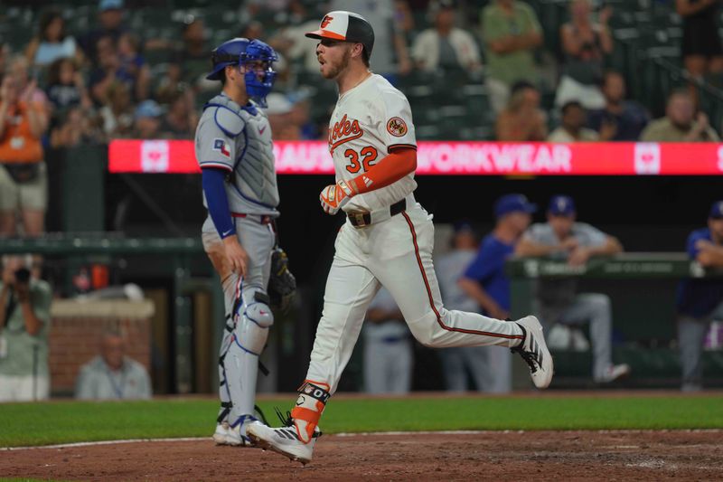 Jun 24, 2025; Baltimore, Maryland, USA; Baltimore Orioles designated hitter Ryan O’Hearn (32) rounds the bases following his solo home run during the seventh inning against the Texas Rangers at Oriole Park at Camden Yards. Mandatory Credit: Mitch Stringer-Imagn Images