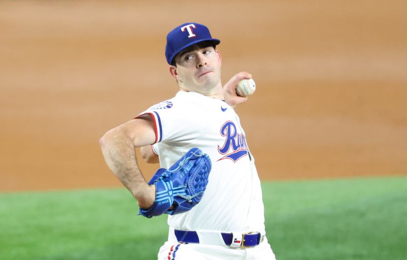 Sep 18, 2024; Arlington, Texas, USA;  Texas Rangers starting pitcher Cody Bradford (61) throws during the first inning against the Toronto Blue Jays at Globe Life Field. Mandatory Credit: Kevin Jairaj-Imagn Images