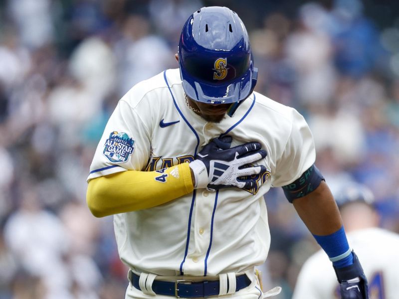 May 28, 2023; Seattle, Washington, USA; Seattle Mariners center fielder Julio Rodriguez (44) runs the bases after hitting a solo-home run against the Pittsburgh Pirates during the first inning at T-Mobile Park. Mandatory Credit: Joe Nicholson-USA TODAY Sports