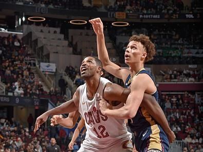 CLEVELAND, OH - December 21: Tristian Thompson #12 of the Cleveland Cavaliers and Dyson Daniels #11 of the New Orleans Pelicans waits for a rebound during the game on December 21, 2023 at Rocket Mortgage FieldHouse in Cleveland, Ohio. NOTE TO USER: User expressly acknowledges and agrees that, by downloading and/or using this Photograph, user is consenting to the terms and conditions of the Getty Images License Agreement. Mandatory Copyright Notice: Copyright 2023 NBAE (Photo by David Liam Kyle/NBAE via Getty Images)