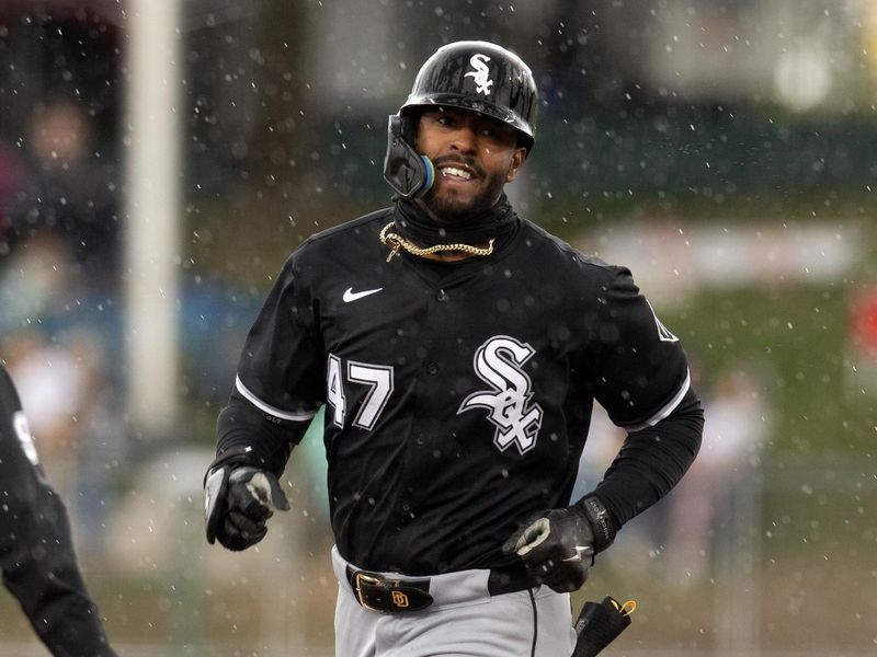 Apr 27, 2025; West Sacramento, California, USA; Chicago White Sox right fielder Joshua Palacios (47) runs out his solo home run against the Athletics during the first inning at Sutter Health Park. Mandatory Credit: D. Ross Cameron-Imagn Images