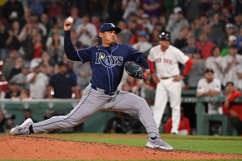 May 14, 2024; Boston, Massachusetts, USA; Tampa Bay Rays pitcher Manuel Rodriguez (39) pitches against the Boston Red Sox during the eleventh inning at Fenway Park. Mandatory Credit: Eric Canha-USA TODAY Sports