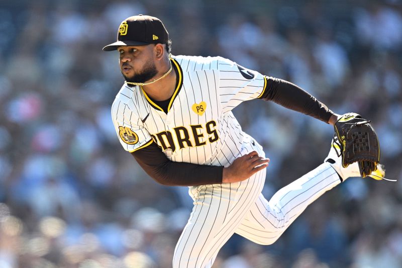 Jun 22, 2024; San Diego, California, USA; San Diego Padres starting pitcher Randy Vasquez (98) pitches against the Milwaukee Brewers during the second inning at Petco Park. Mandatory Credit: Orlando Ramirez-USA TODAY Sports