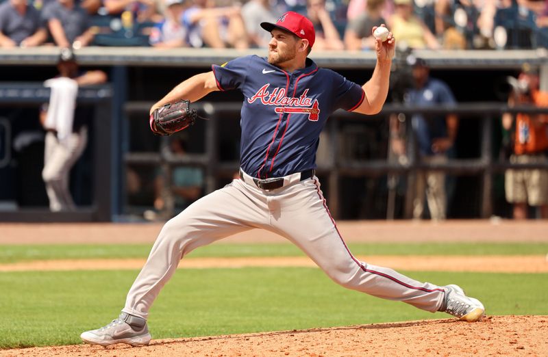 Mar 10, 2024; Tampa, Florida, USA; Atlanta Braves relief pitcher Dylan Lee (52) throws a pitch during the fifth inning against the New York Yankees prior to the game against the Atlanta Braves at George M. Steinbrenner Field. Mandatory Credit: Kim Klement Neitzel-USA TODAY Sports