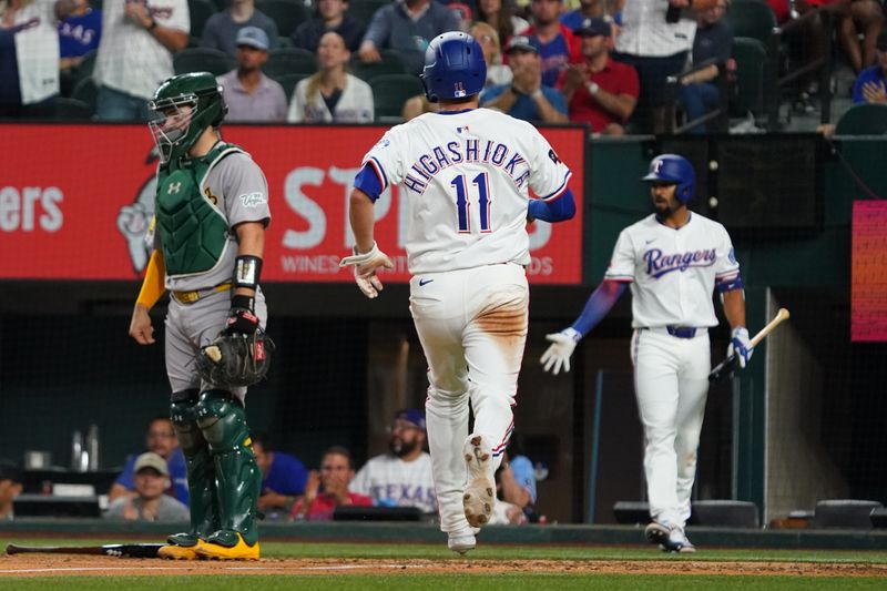 Apr 28, 2025; Arlington, Texas, USA; Texas Rangers catcher Kyle Higashioka (11) runs the bases to score as Athletics catcher Shea Langeliers (23) looks on  during the sixth inning at Globe Life Field. Mandatory Credit: Raymond Carlin III-Imagn Images