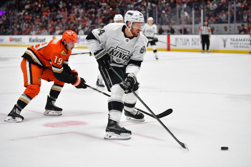 Nov 29, 2024; Anaheim, California, USA; Los Angeles Kings defenseman Vladislav Gavrikov (84) moves in for a shot against the Anaheim Ducks during the first period at Honda Center. Mandatory Credit: Gary A. Vasquez-Imagn Images