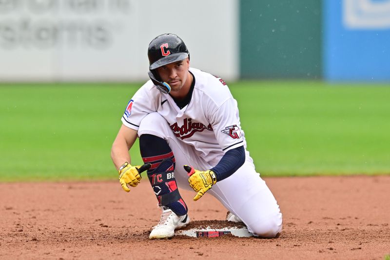 Sep 6, 2023; Cleveland, Ohio, USA; Cleveland Guardians left fielder Will Brennan (17) celebrates after hitting an RBI double during the fourth inning against the Minnesota Twins at Progressive Field. Mandatory Credit: Ken Blaze-USA TODAY Sports