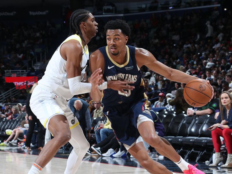 NEW ORLEANS, LA - JANUARY 17:  Trey Murphy III #25 of the New Orleans Pelicans dribbles the ball during the game against the Utah Jazz on January 17, 2025 at the Smoothie King Center in New Orleans, Louisiana. NOTE TO USER: User expressly acknowledges and agrees that, by downloading and or using this Photograph, user is consenting to the terms and conditions of the Getty Images License Agreement. Mandatory Copyright Notice: Copyright 2025 NBAE (Photo by Layne Murdoch Jr./NBAE via Getty Images)