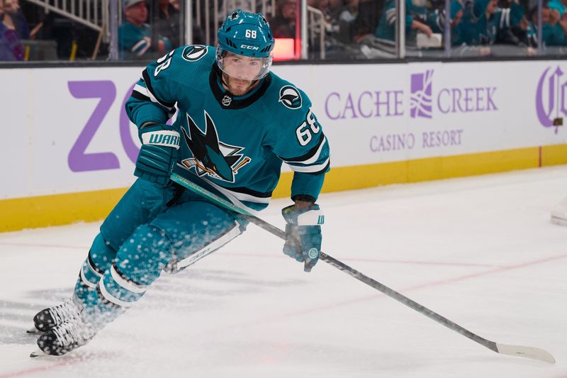 Nov 16, 2023; San Jose, California, USA; San Jose Sharks left wing Mike Hoffman (68) skates on the ice against the St. Louis Blues during the second period at SAP Center at San Jose. Mandatory Credit: Robert Edwards-USA TODAY Sports