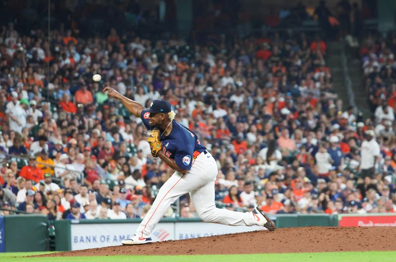 Jun 16, 2024; Houston, Texas, USA; Houston Astros starting pitcher Ronel Blanco (56) pitches against the Detroit Tigers in the fifth inning at Minute Maid Park. Mandatory Credit: Thomas Shea-USA TODAY Sports