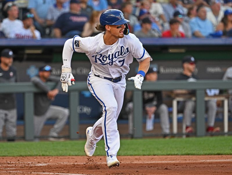 Jul 29, 2023; Kansas City, Missouri, USA;  Kansas City Royals shortstop Bobby Witt Jr. (7) runs to first base after hitting an RBI single during the second inning against the Minnesota Twins at Kauffman Stadium. Mandatory Credit: Peter Aiken-USA TODAY Sports