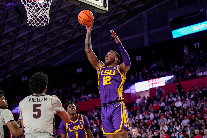 Feb 14, 2023; Athens, Georgia, USA; LSU Tigers forward KJ Williams (12) shoots at the basket against the Georgia Bulldogs during the first half at Stegeman Coliseum. Mandatory Credit: Dale Zanine-USA TODAY Sports