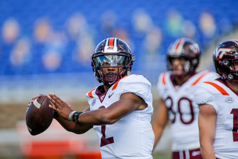 Oct 3, 2020; Durham, North Carolina, USA;  Virginia Tech Hokies quarterback Hendon Hooker (2) passes during warm ups before playing against the Duke Blue Devils at Wallace Wade Stadium. Mandatory Credit: Nell Redmond-USA TODAY Sports