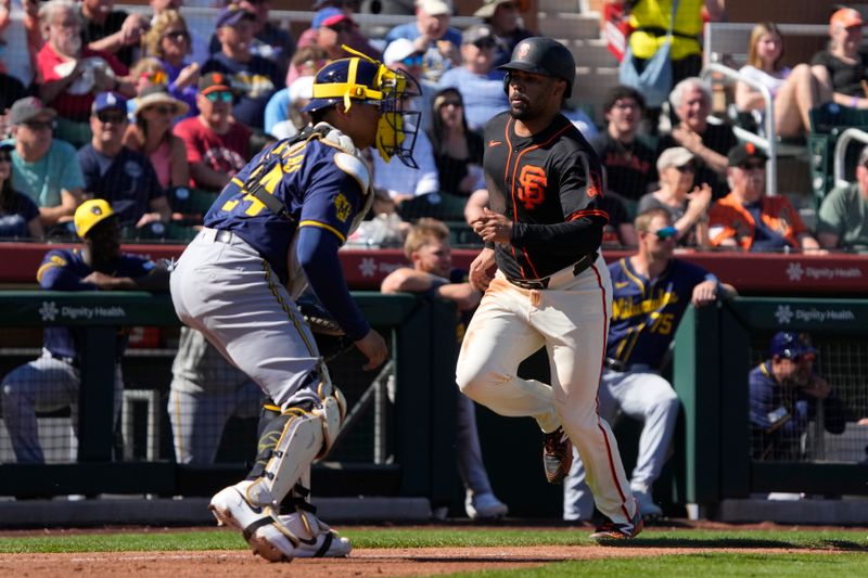 Mar 5, 2024; Scottsdale, Arizona, USA; San Francisco Giants first baseman LaMonte Wade Jr. (31) scores a run against the Milwaukee Brewers in the third inning at Scottsdale Stadium. Mandatory Credit: Rick Scuteri-USA TODAY Sports