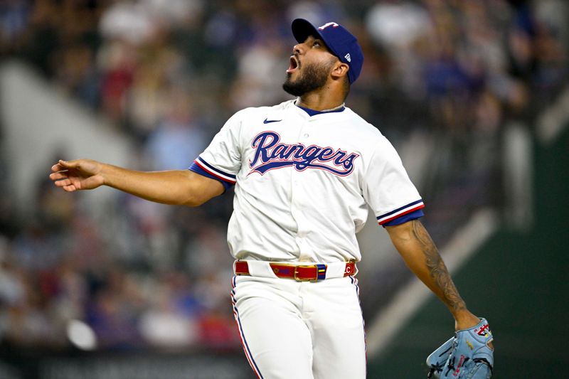 Aug 23, 2025; Arlington, Texas, USA; Texas Rangers relief pitcher Luis Curvelo (57) pitches against the Cleveland Guardians during the game at Globe Life Field. Mandatory Credit: Jerome Miron-Imagn Images