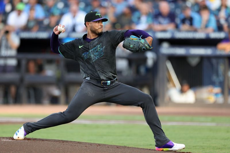 May 27, 2025; Tampa, Florida, USA; Tampa Bay Rays pitcher Taj Bradley (45) throws a pitch against the Minnesota Twins in the first inning at George M. Steinbrenner Field. Mandatory Credit: Nathan Ray Seebeck-Imagn Images