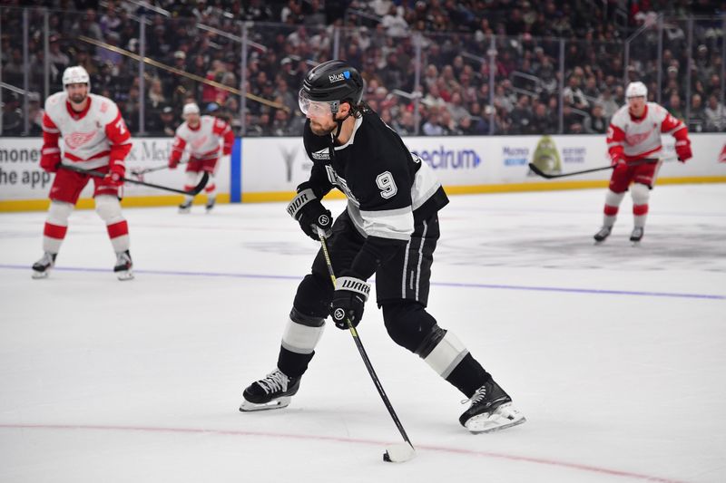 Oct 30, 2025; Los Angeles, California, USA; Los Angeles Kings right wing Adrian Kempe (9) moves in for a shot against the Detroit Red Wings during the second period at Crypto.com Arena. Mandatory Credit: Gary A. Vasquez-Imagn Images