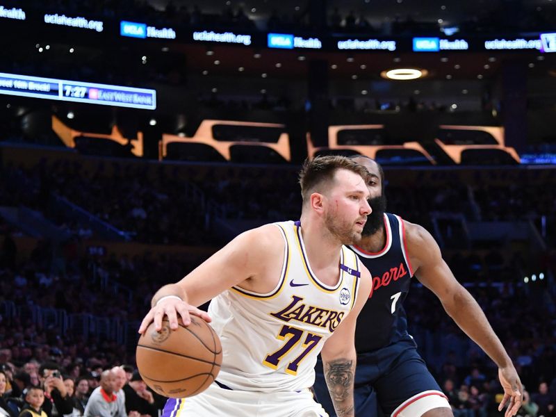 LOS ANGELES, CA - MARCH 2: Luka Doncic #77 of the Los Angeles Lakers dribbles the ball during the game against the LA Clippers on March 2, 2025 at Crypto.Com Arena in Los Angeles, California. NOTE TO USER: User expressly acknowledges and agrees that, by downloading and/or using this Photograph, user is consenting to the terms and conditions of the Getty Images License Agreement. Mandatory Copyright Notice: Copyright 2025 NBAE (Photo by Juan Ocampo/NBAE via Getty Images)