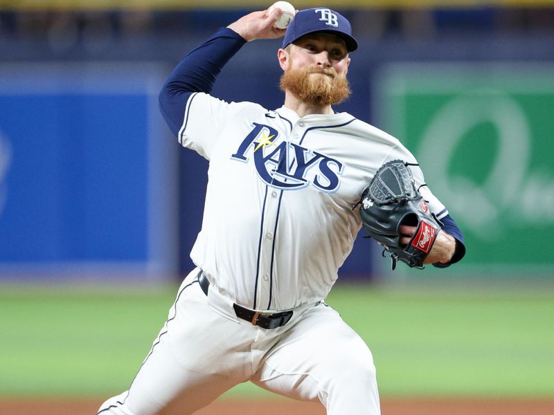 Aug 13, 2024; St. Petersburg, Florida, USA; Tampa Bay Rays pitcher Drew Rasmussen (57) throws a pitch against the Houston Astros in the eighth inning at Tropicana Field. Mandatory Credit: Nathan Ray Seebeck-USA TODAY Sports