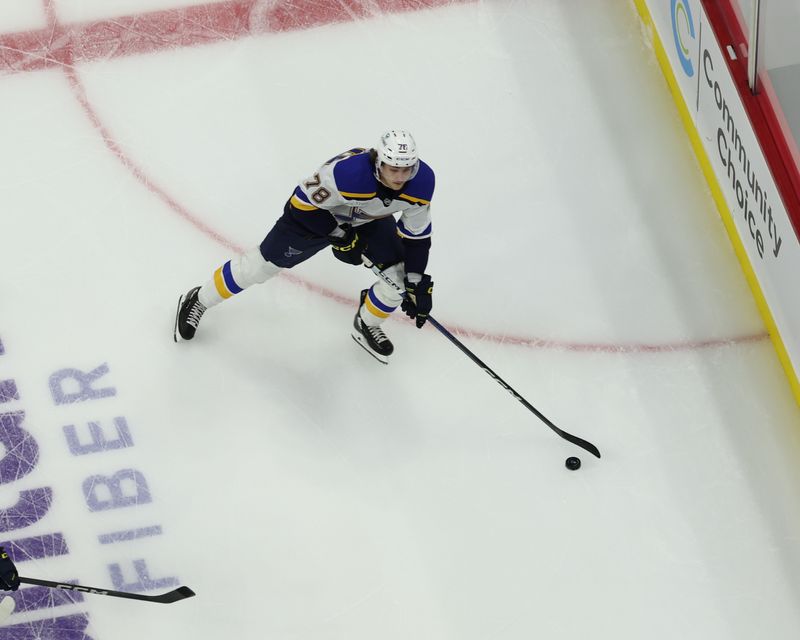 Sep 22, 2024; Des Moines, Iowa, USA; St. Louis Blues center Tanner Dickinson (78) skates up the ice against the Utah Hockey Club at Wells Fargo Arena. Mandatory Credit: Reese Strickland-Imagn Images

