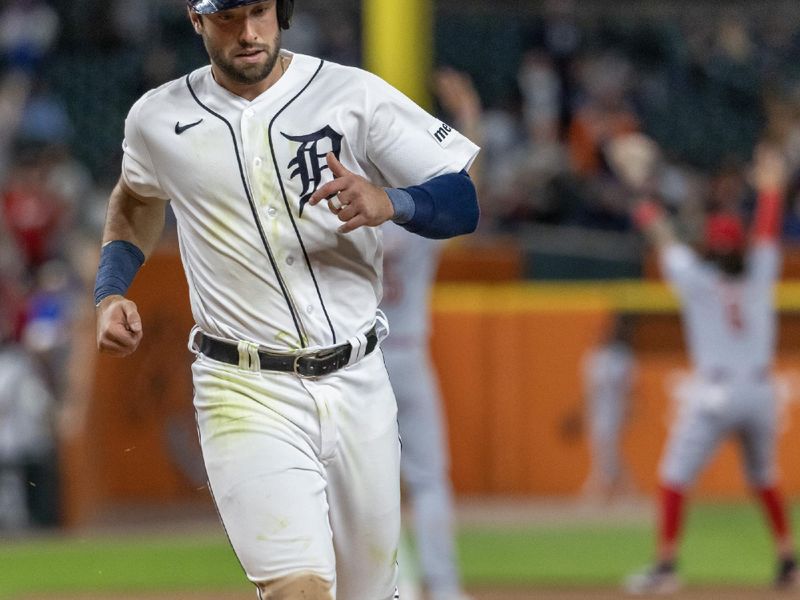 Sep 12, 2023; Detroit, Michigan, USA; Detroit Tigers right fielder Matt Vierling (8) scores a run in the fifth inning against the Cincinnati Reds at Comerica Park. Mandatory Credit: David Reginek-USA TODAY Sports