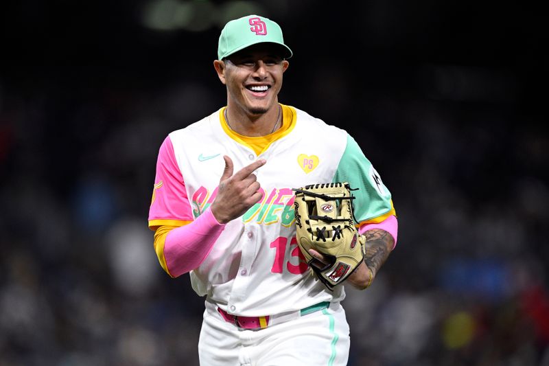 Apr 26, 2024; San Diego, California, USA; San Diego Padres third baseman Manny Machado (13) runs off the field during the middle of the eighth inning against the Philadelphia Phillies at Petco Park. Mandatory Credit: Orlando Ramirez-USA TODAY Sports