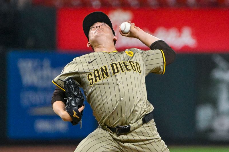 Aug 27, 2024; St. Louis, Missouri, USA;  San Diego Padres relief pitcher Yuki Matsui (1) pitches against the St. Louis Cardinals during the sixth inning at Busch Stadium. Mandatory Credit: Jeff Curry-USA TODAY Sports