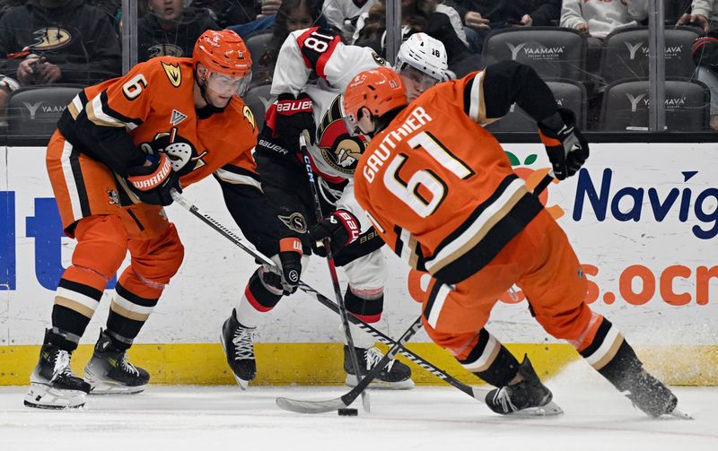 Dec 1, 2024; Anaheim, California, USA;  Ottawa Senators center Tim Stützle (18) passes the puck between Anaheim Ducks defenseman Brian Dumoulin (6) and left wing Cutter Gauthier (61) during the third period at Honda Center. Mandatory Credit: Alex Gallardo-Imagn Images