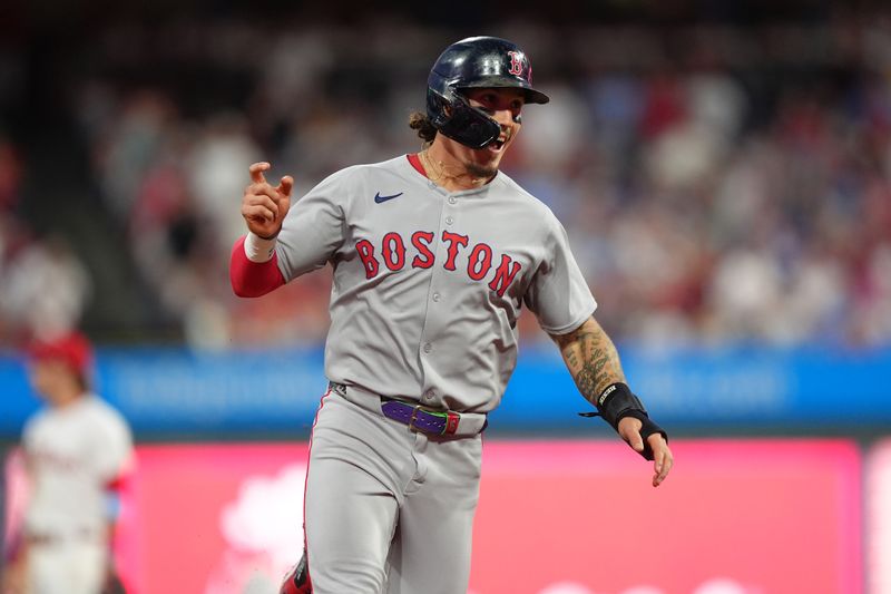Jul 23, 2025; Philadelphia, Pennsylvania, USA; Boston Red Sox outfielder Jarren Duran (16) reacts as he rounds the bases to score against the Philadelphia Phillies in the fifth inning at Citizens Bank Park. Mandatory Credit: Kyle Ross-Imagn Images