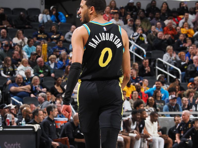 INDIANAPOLIS, IN - MARCH 16: Tyrese Haliburton #0 of the Indiana Pacers looks on during the game against the Brooklyn Nets on March 16, 2024 at Gainbridge Fieldhouse in Indianapolis, Indiana. NOTE TO USER: User expressly acknowledges and agrees that, by downloading and or using this Photograph, user is consenting to the terms and conditions of the Getty Images License Agreement. Mandatory Copyright Notice: Copyright 2024 NBAE (Photo by Ron Hoskins/NBAE via Getty Images)