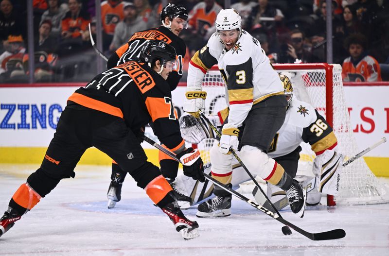 Nov 18, 2023; Philadelphia, Pennsylvania, USA; Vegas Golden Knights defenseman Brayden McNabb (3) defends Philadelphia Flyers right wing Tyson Foerster (71) in the second period at Wells Fargo Center. Mandatory Credit: Kyle Ross-USA TODAY Sports