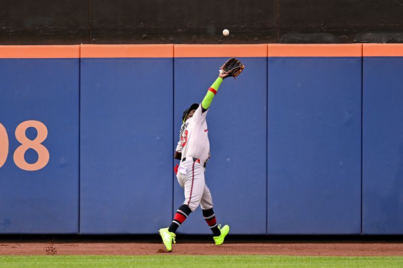 May 11, 2024; New York City, New York, USA; Atlanta Braves outfielder Michael Harris II (23) catches a fly ball for an out against the New York Mets during the seventh inning at Citi Field. Mandatory Credit: John Jones-USA TODAY Sports