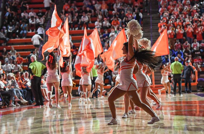 Feb 22, 2023; Clemson, South Carolina, USA; Clemson cheerleaders perform during a break of action against Syracuse during the second half at Littlejohn Coliseum. Mandatory Credit: Ken Ruinard-USA TODAY Sports