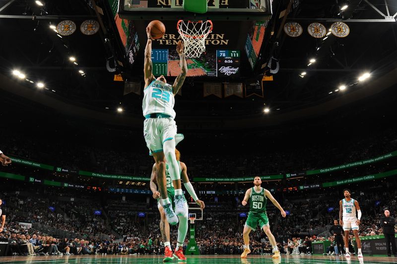 BOSTON, MA - APRIL 12:  Tre Mann #23 of the Charlotte Hornets drives to the basket during the game against the Boston Celtics on April 12, 2024 at the TD Garden in Boston, Massachusetts. NOTE TO USER: User expressly acknowledges and agrees that, by downloading and or using this photograph, User is consenting to the terms and conditions of the Getty Images License Agreement. Mandatory Copyright Notice: Copyright 2024 NBAE  (Photo by Brian Babineau/NBAE via Getty Images)