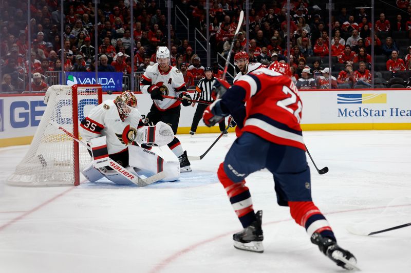 Oct 25, 2025; Washington, District of Columbia, USA; Ottawa Senators goaltender Linus Ullmark (35) makes a save against on Washington Capitals center Nic Dowd (26) during the third period at Capital One Arena. Mandatory Credit: Geoff Burke-Imagn Images