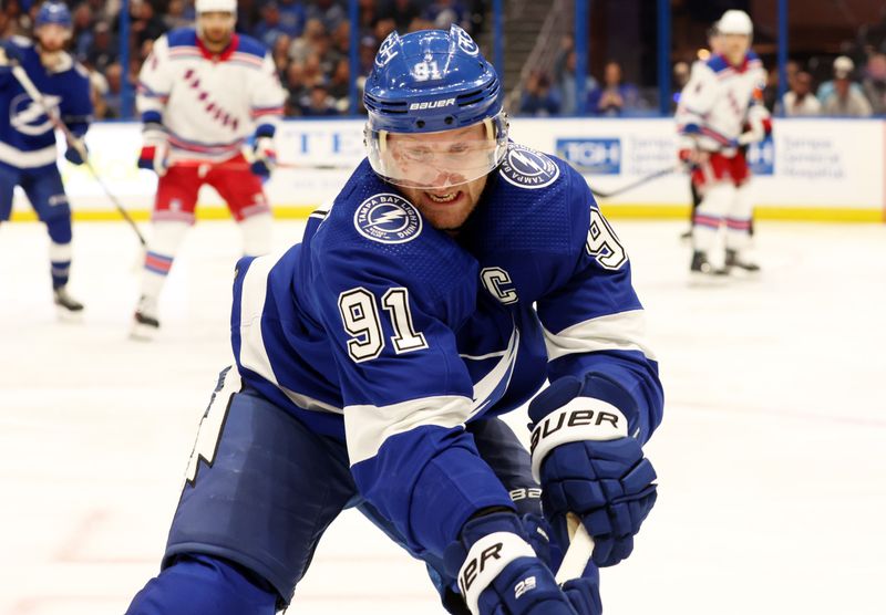 Mar 14, 2024; Tampa, Florida, USA; Tampa Bay Lightning center Steven Stamkos (91) skates against the New York Rangers during the third period at Amalie Arena. Mandatory Credit: Kim Klement Neitzel-USA TODAY Sports