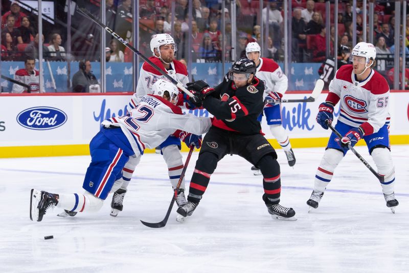 Oct 5, 2024; Ottawa, Ontario, CAN; Ottawa Senators center Mattew Highmore (15) moves the puck past Montreal Canadiens defenseman Justin Barron (52) in the first period at the Canadian Tire Centre. Mandatory Credit: Marc DesRosiers-Imagn Images