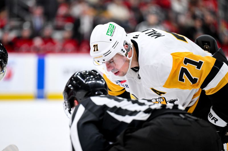 Nov 8, 2025; Newark, New Jersey, USA; Pittsburgh Penguins center Evgeni Malkin (71) awaits the puck drop during a face-off against the New Jersey Devils during the third period at Prudential Center. Mandatory Credit: John Jones-Imagn Images