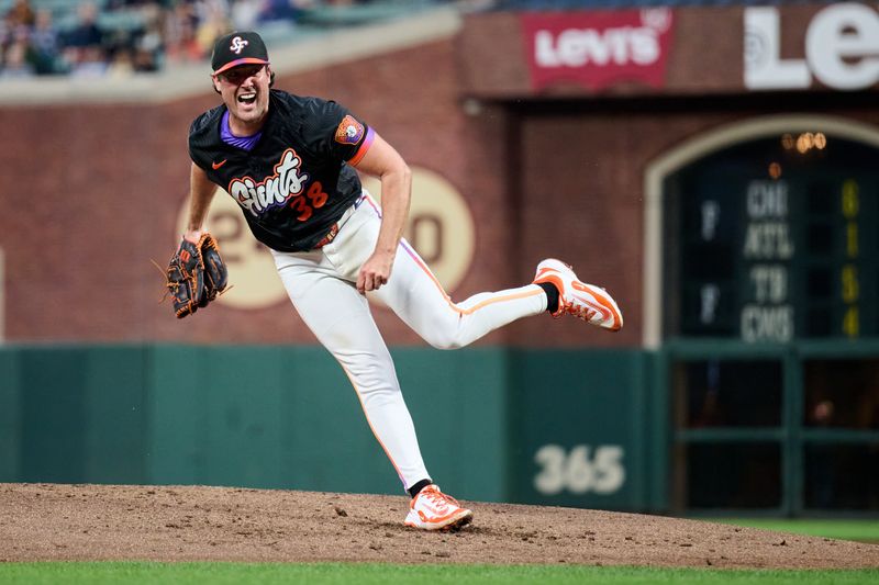 Sep 9, 2025; San Francisco, California, USA; San Francisco Giants starting pitcher Robbie Ray (38) reacts after throwing a pitch against the Arizona Diamondbacks during the third inning at Oracle Park. Mandatory Credit: Robert Edwards-Imagn Images
