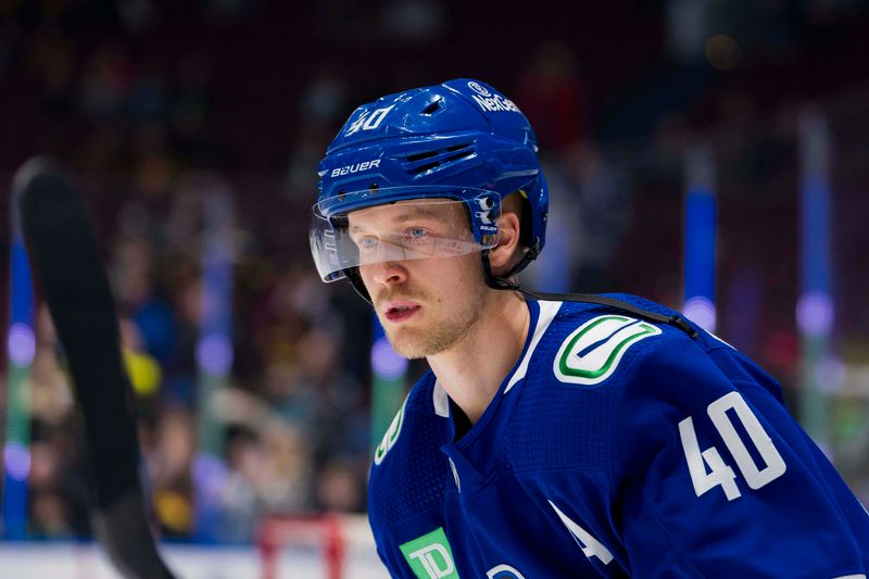 Nov 30, 2023; Vancouver, British Columbia, CAN; Vancouver Canucks forward Elias Pettersson (40) skates during warm up prior to a game against the Vegas Golden Knights at Rogers Arena. Mandatory Credit: Bob Frid-USA TODAY Sports