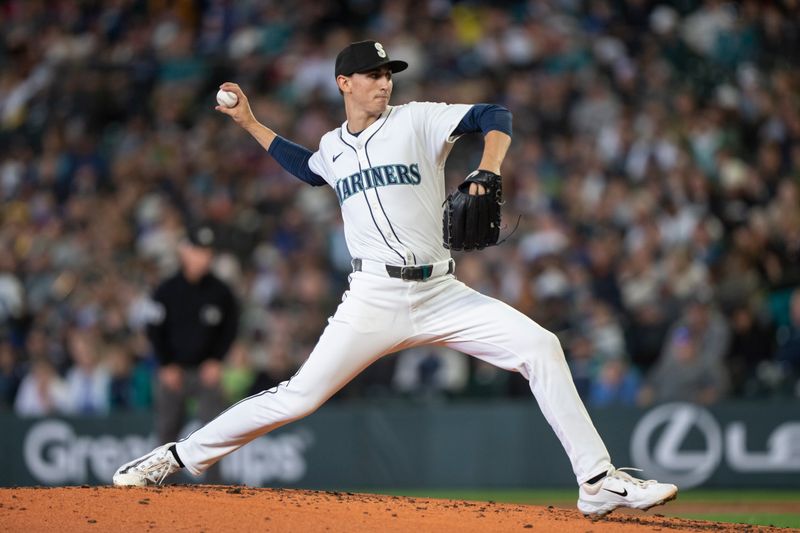 Jun 15, 2024; Seattle, Washington, USA; Seattle Mariners starter George Kirby (68) delivers a pitch during the second inning against the Texas Rangers at T-Mobile Park. Mandatory Credit: Stephen Brashear-USA TODAY Sports