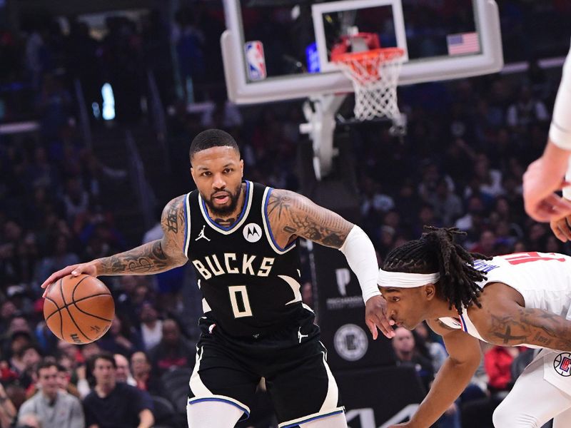 LOS ANGELES, CA - MARCH 10: Damian Lillard #0 of the Milwaukee Bucks dribbles the ball during the game against the LA Clippers on March 10, 2024 at Crypto.Com Arena in Los Angeles, California. NOTE TO USER: User expressly acknowledges and agrees that, by downloading and/or using this Photograph, user is consenting to the terms and conditions of the Getty Images License Agreement. Mandatory Copyright Notice: Copyright 2024 NBAE (Photo by Adam Pantozzi/NBAE via Getty Images)