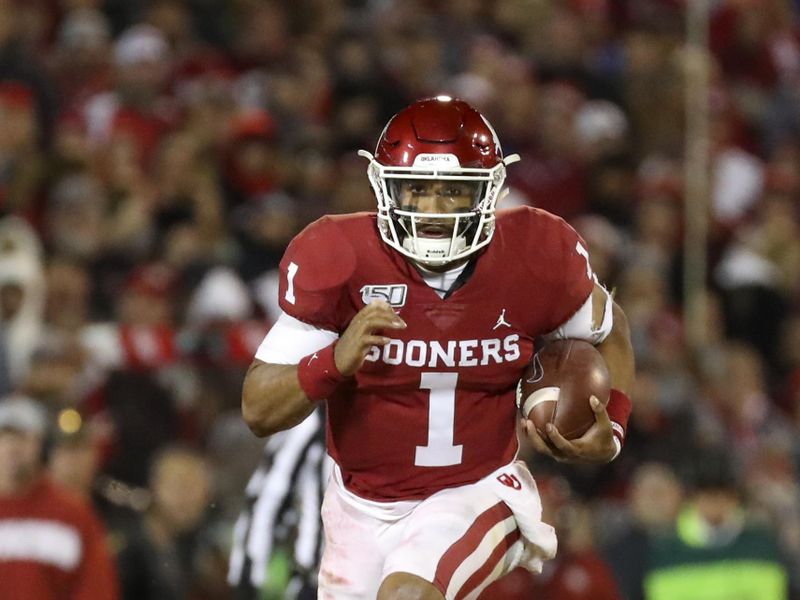 Nov 23, 2019; Norman, OK, USA; Oklahoma Sooners quarterback Jalen Hurts (1) runs during the game against the TCU Horned Frogs at Gaylord Family - Oklahoma Memorial Stadium. Mandatory Credit: Kevin Jairaj-USA TODAY Sports