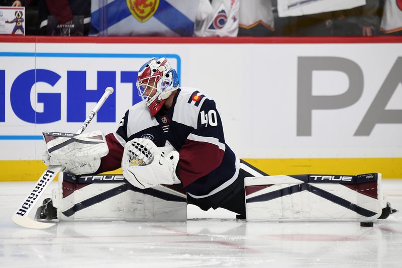 Nov 11, 2024; Denver, Colorado, USA; Colorado Avalanche goaltender Alexandar Georgiev (40) stretches before the game against the Nashville Predators at Ball Arena. Mandatory Credit: Christopher Hanewinckel-Imagn Images