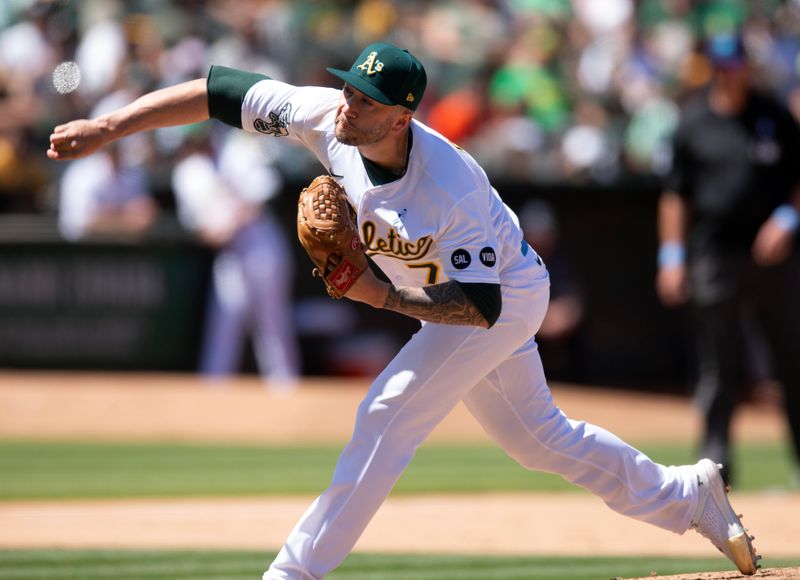 Jun 18, 2023; Oakland, California, USA; Oakland Athletics pitcher Lucas Erect (70) delivers a pitch against the Philadelphia Phillies during the eighth inning at Oakland-Alameda County Coliseum. Mandatory Credit: D. Ross Cameron-USA TODAY Sports