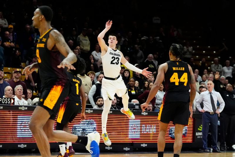 Jan 28, 2025; Boulder, Colorado, USA; Colorado Buffaloes forward Andrej Jakimovski (23) attempts a half court shot in the second half against the Arizona State Sun Devils at CU Events Center. Mandatory Credit: Ron Chenoy-Imagn Images