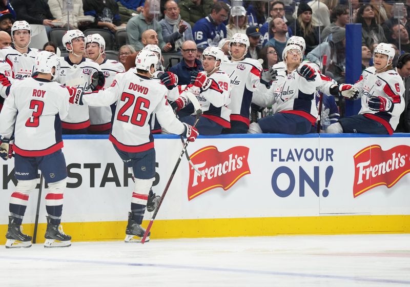 Dec 6, 2024; Toronto, Ontario, CAN; Washington Capitals center Nic Dowd (26) celebrates at the bench after scoring a goal against the Toronto Maple Leafs during the second period at Scotiabank Arena. Mandatory Credit: Nick Turchiaro-Imagn Images