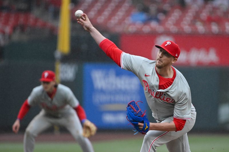 Apr 10, 2024; St. Louis, Missouri, USA;  Philadelphia Phillies relief pitcher Jeff Hoffman (23) pitches against the St. Louis Cardinals during the ninth inning at Busch Stadium. Mandatory Credit: Jeff Curry-USA TODAY Sports