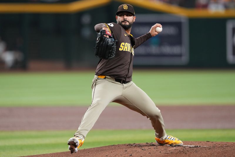 Sep 29, 2024; Phoenix, Arizona, USA; San Diego Padres pitcher Martín Pérez (54) during the first inning at Chase Field. Mandatory Credit: Joe Camporeale-Imagn Images